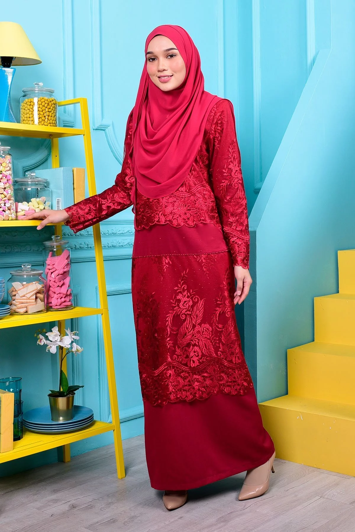 Abaya Lace Melati - Ruby Red