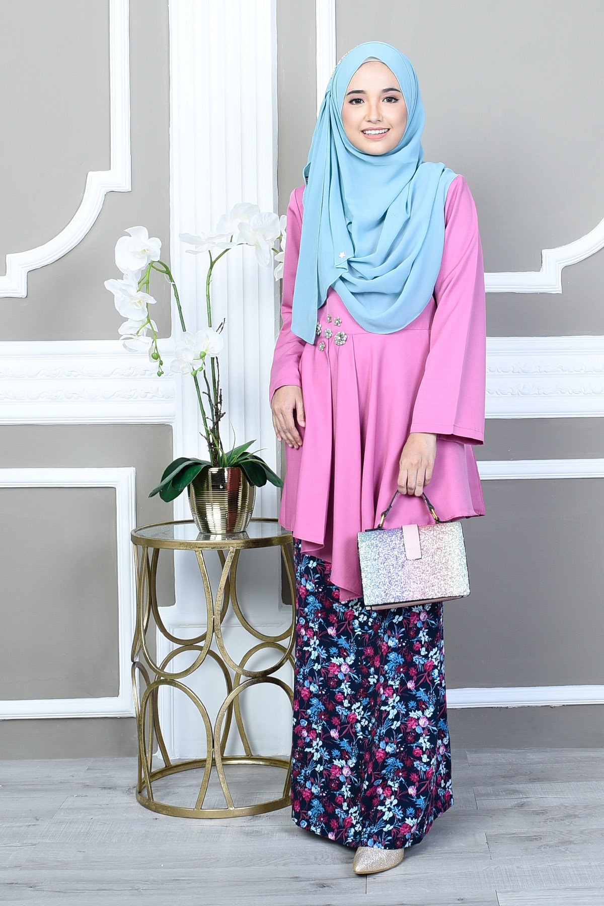 Baju Kurung Seroja - Aqua Pink