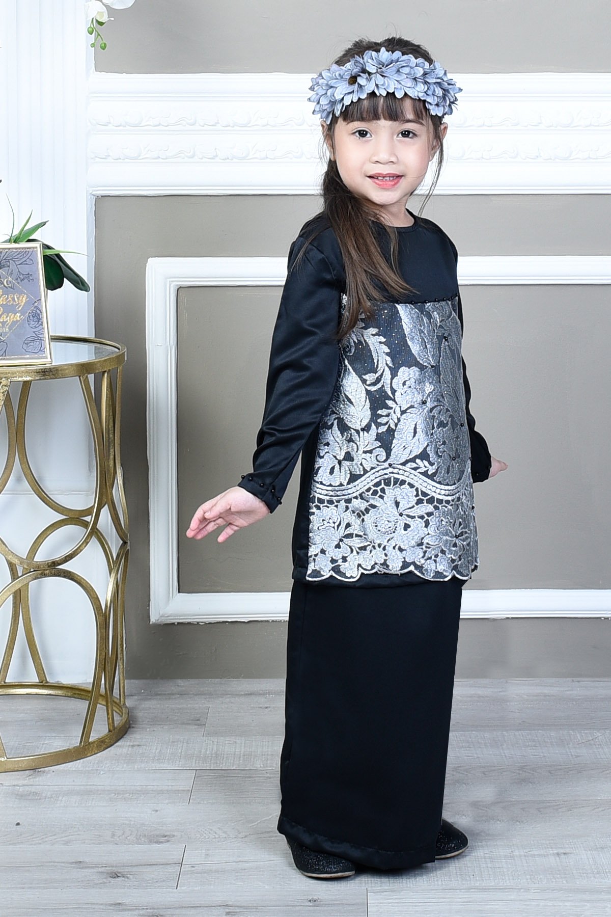 Baju Kurung Sharifah Lace Kids – Jade Black – MuslimahClothing.Com