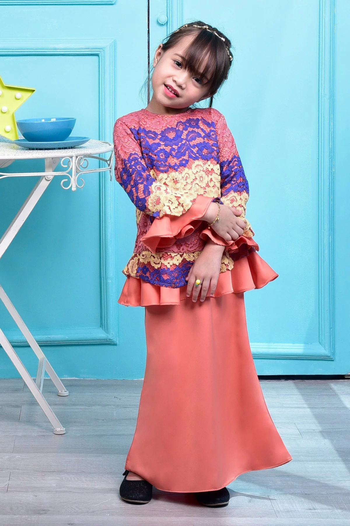 Baju Kurung Emira Ruffle Lace Kids - Brique Orange