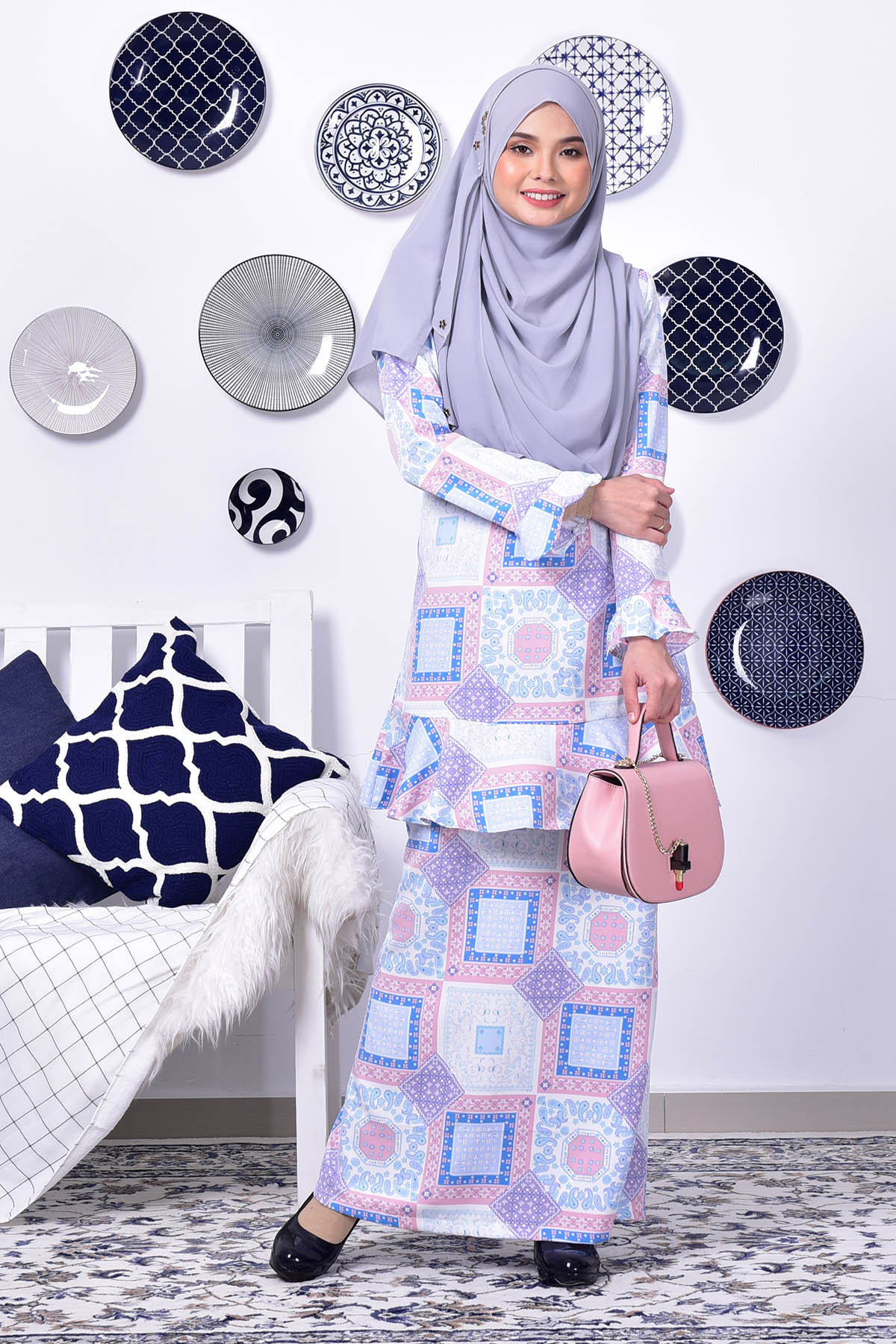 Baju Kurung Lola Square - Blue Pink