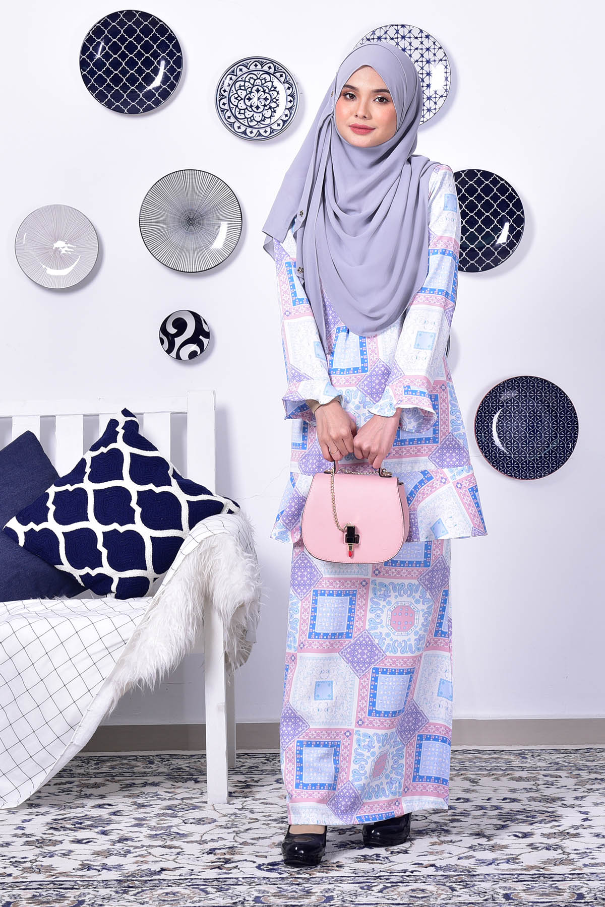 Baju Kurung Lola Square - Blue Pink