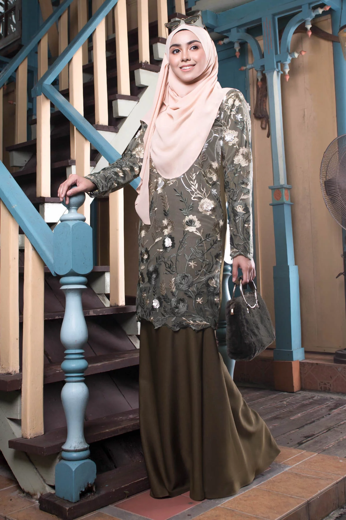 Baju Kurung Lace Azureen - Olive Green