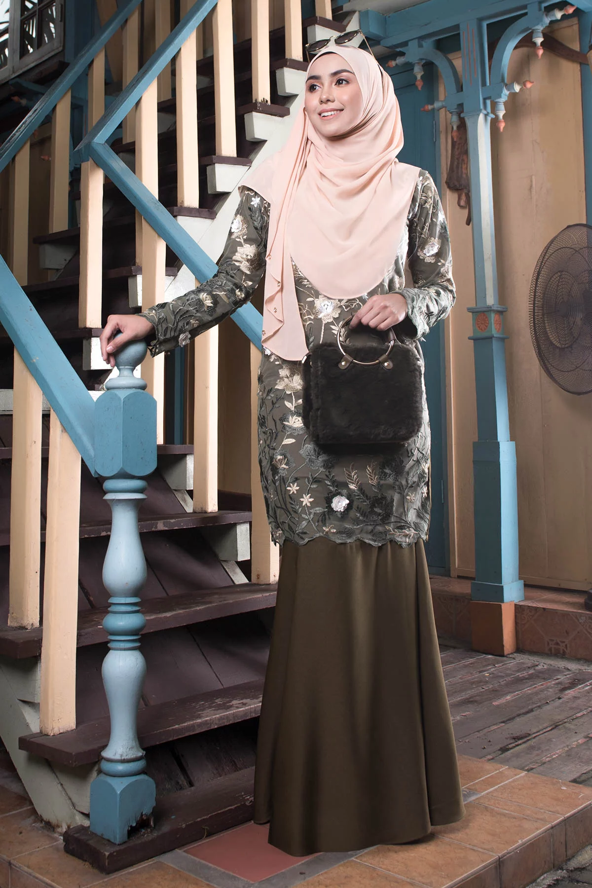 Baju Kurung Lace Azureen - Olive Green