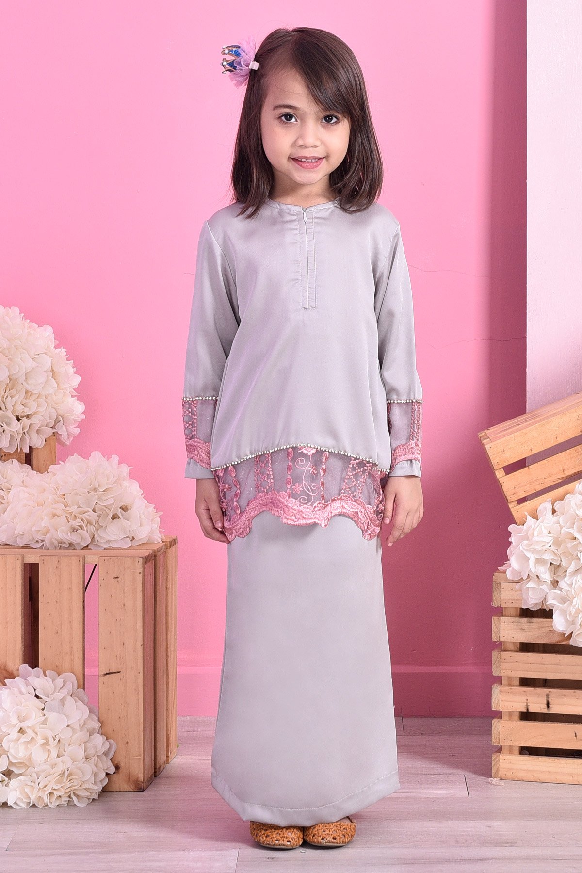 Baju Kurung Lace Carlotta Kids - Silver Pearl