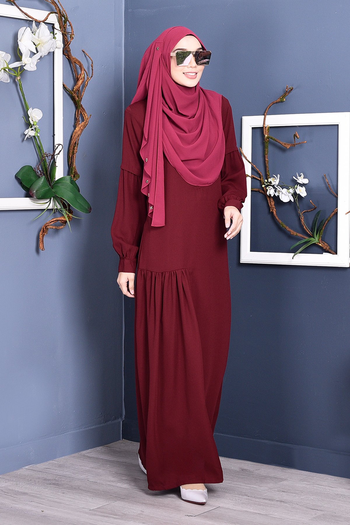 Abaya Lissa Pleated - Rouge Maroon