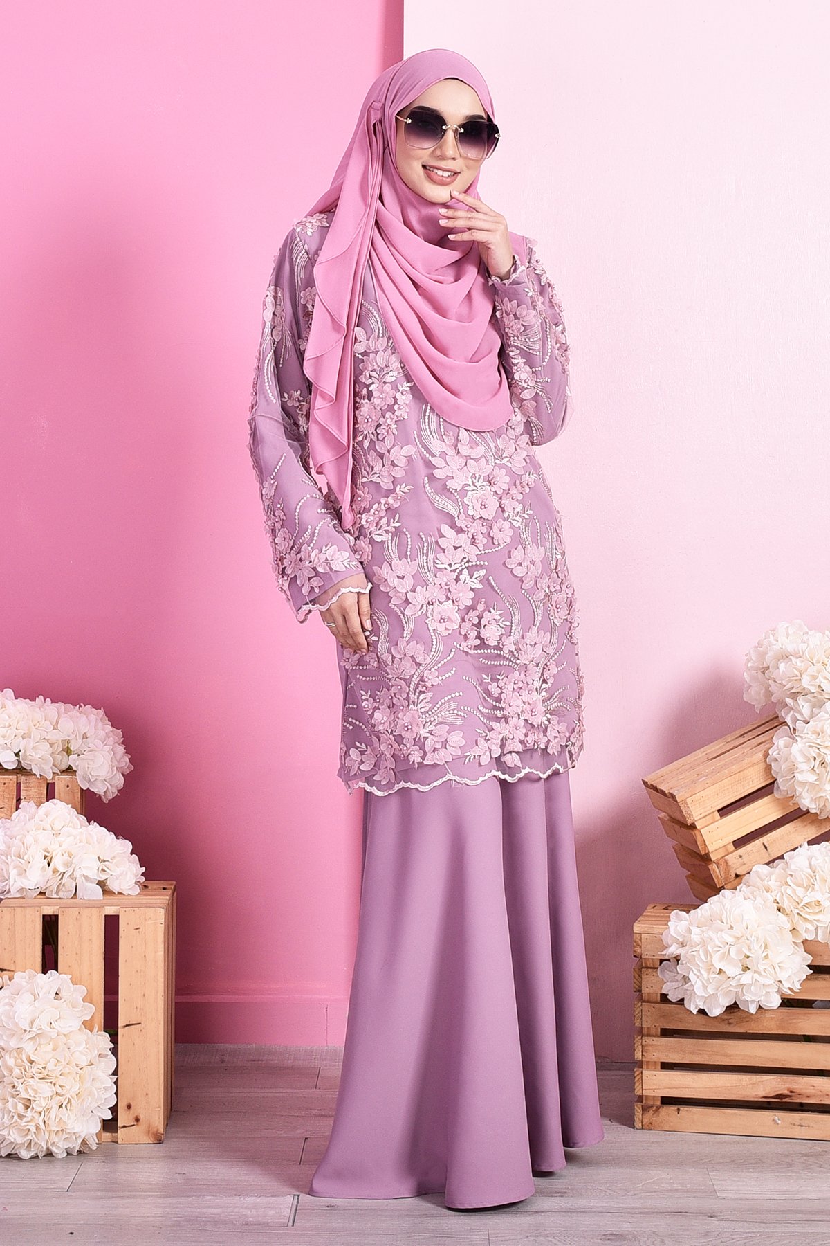 Baju Kurung Lace 3D Dolaris - Lavender