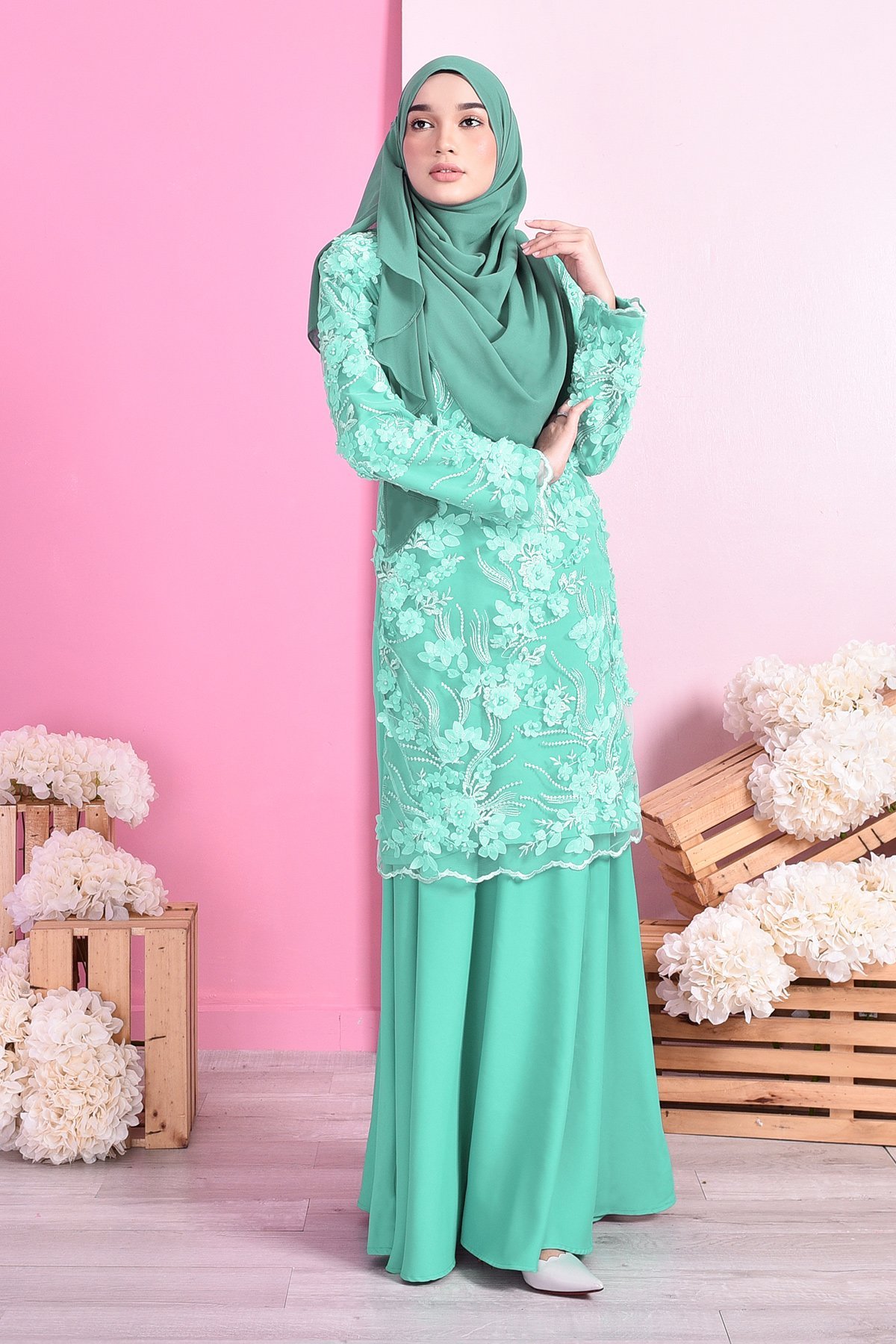 Baju Kurung Lace 3D Dolaris - Fiji Green