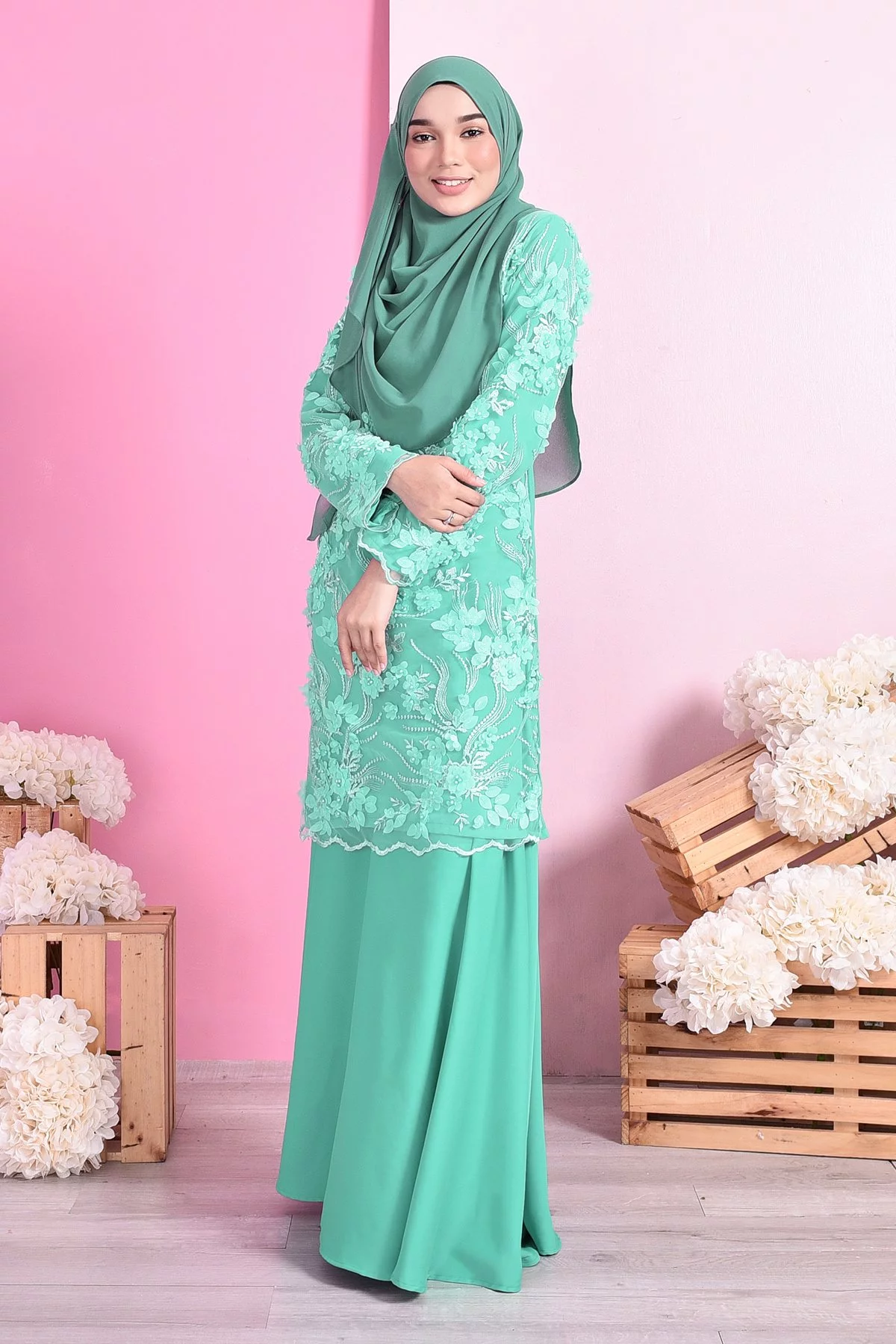 Baju Kurung Lace 3D Dolaris - Fiji Green