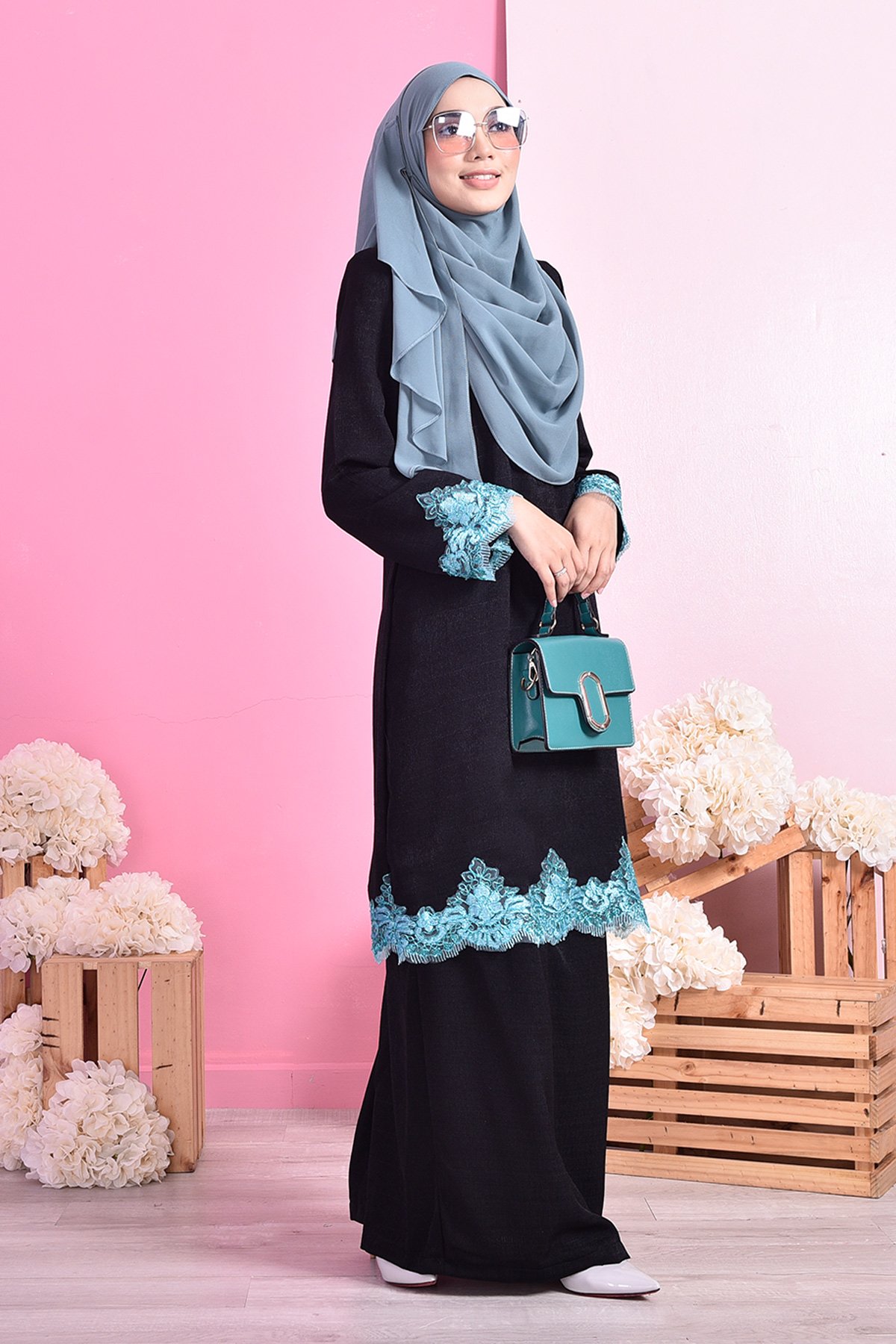 Baju Kurung Lace Mazola - Aqua Black