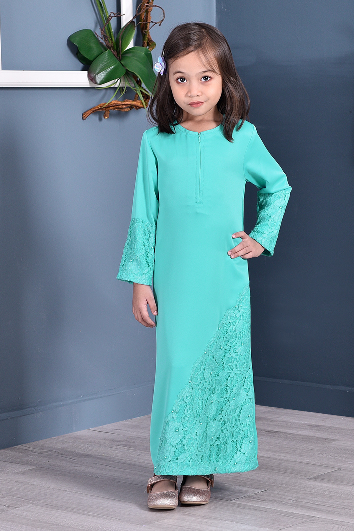 Abaya Lace Mazaya Kids – Aqua Green – MuslimahClothing.Com