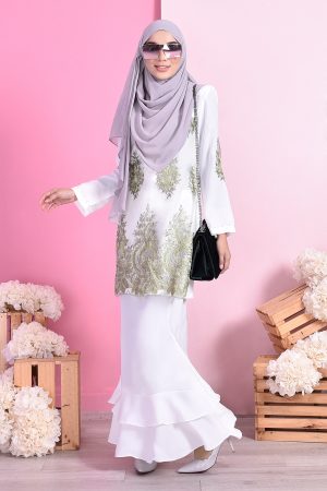 Baju Kurung Lace Dominique - Cotton White