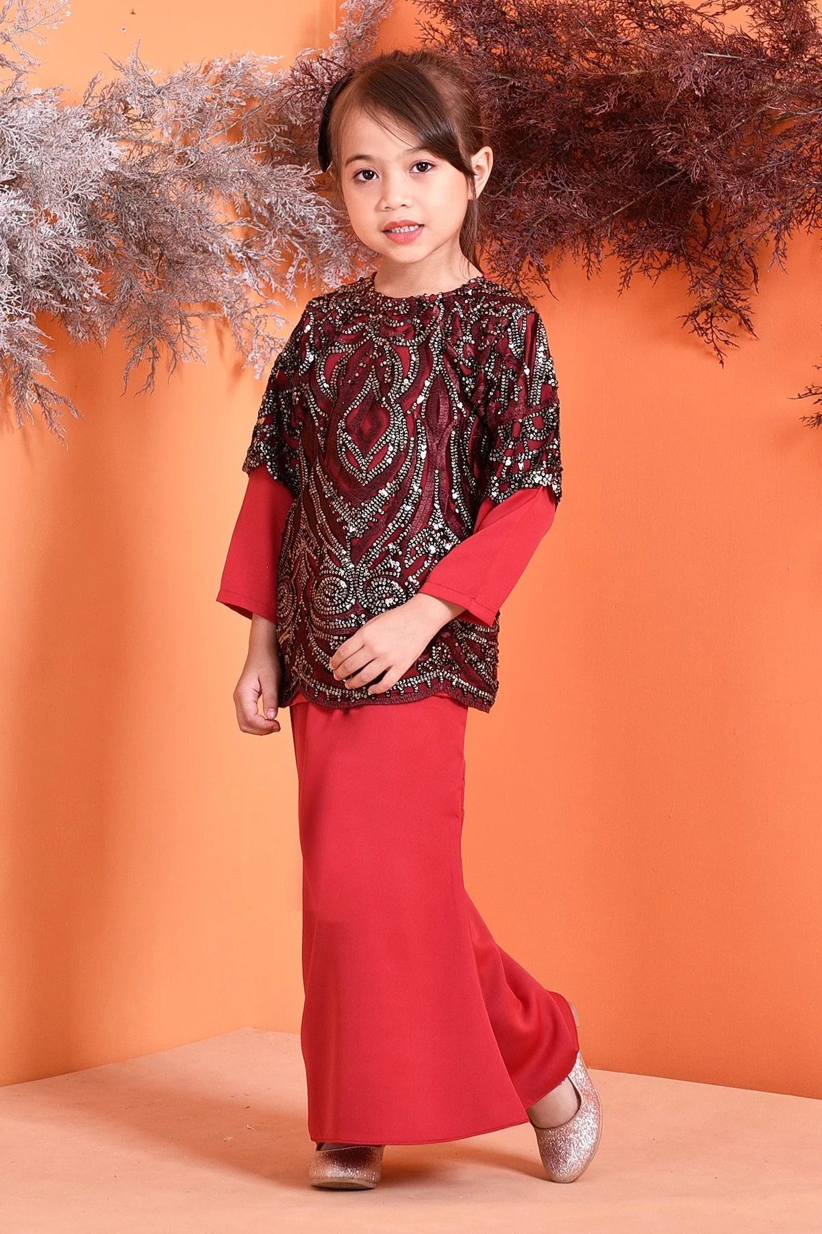 Baju Kurung Lace Sequin Jazlyn Kids - Cherry Red