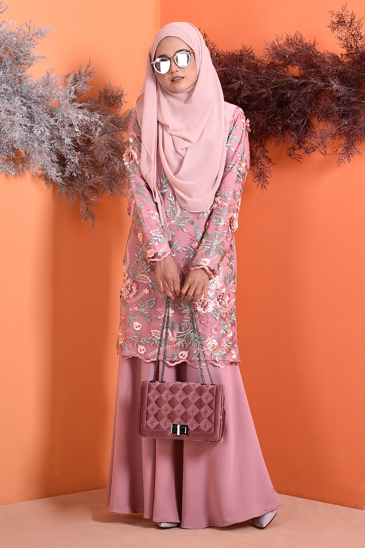 Baju Kurung Lace 3D Azura - Coral Pink - MuslimahClothing.Com