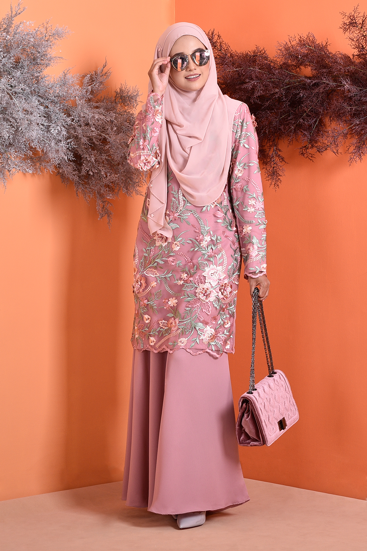 Baju Kurung Lace 3D Azura - Coral Pink - MuslimahClothing.Com