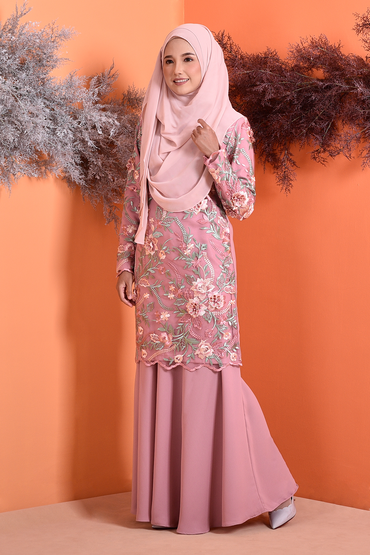  Baju  Kurung  Lace 3D Azura Coral Pink MuslimahClothing Com