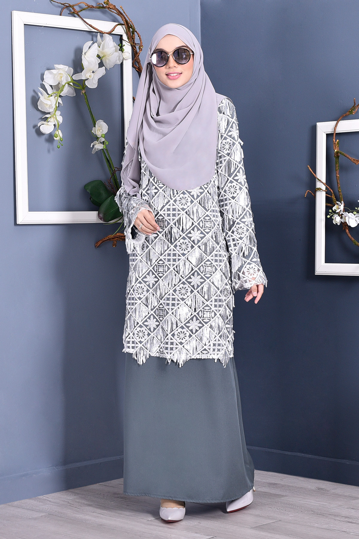 Abaya Lace Sequin Jovina – Graphite Grey – MuslimahClothing.Com