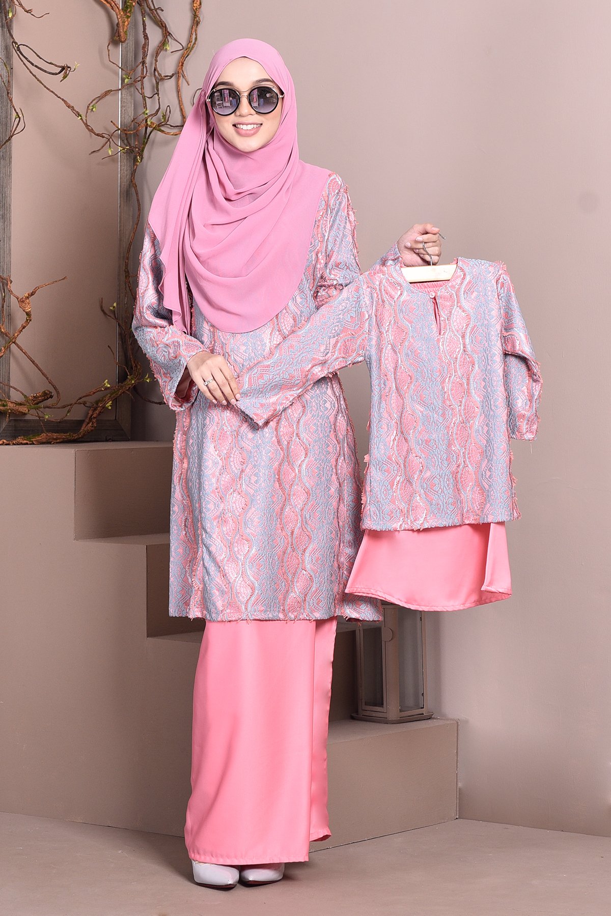  Baju  Kurung  Pahang  Lace  Gia Kids Baby Pink 