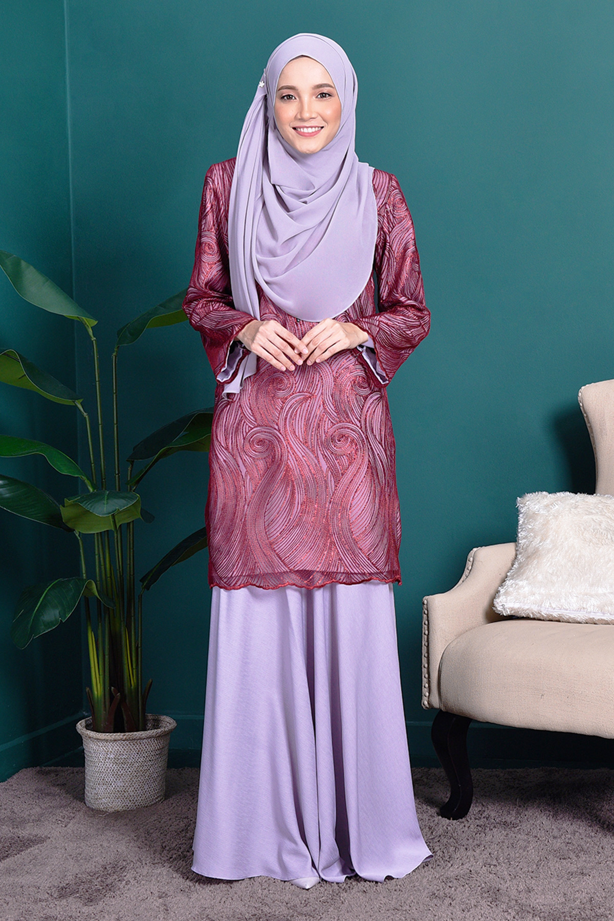 Baju Kurung Lace Liliana – Ruby Grey – MuslimahClothing.Com