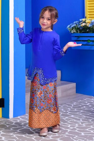 Baju Kurung Batik Moden Lasercut Nasuha Kids - Royal Blue