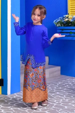Baju Kurung Batik Moden Lasercut Nasuha Kids - Royal Blue