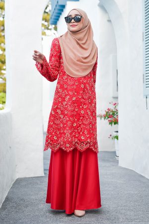 Baju Kurung Moden Lace Layla - Full Red