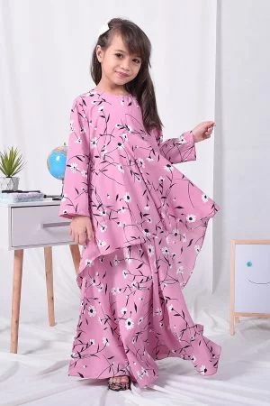 Baju Kurung Suit Hazami Kids - Flower Pink