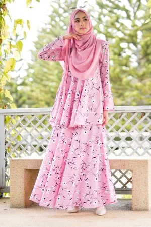 Baju Kurung Suit Hazami - Flower Pink