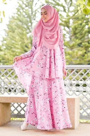 Baju Kurung Suit Hazami - Flower Pink