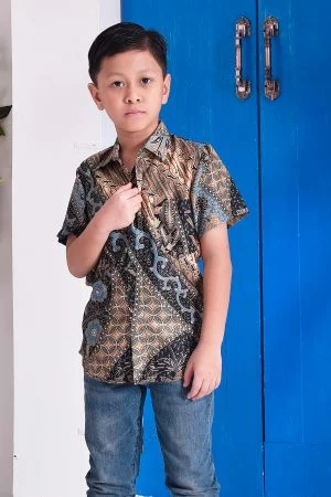 Baju Kemeja Batik Amin Kids  - Golden Blue