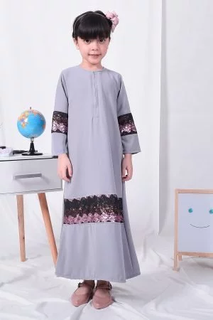 Abaya Sequin Jemina Kids - Pearl Grey