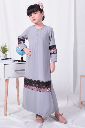 Abaya Sequin Jemina Kids - Pearl Grey