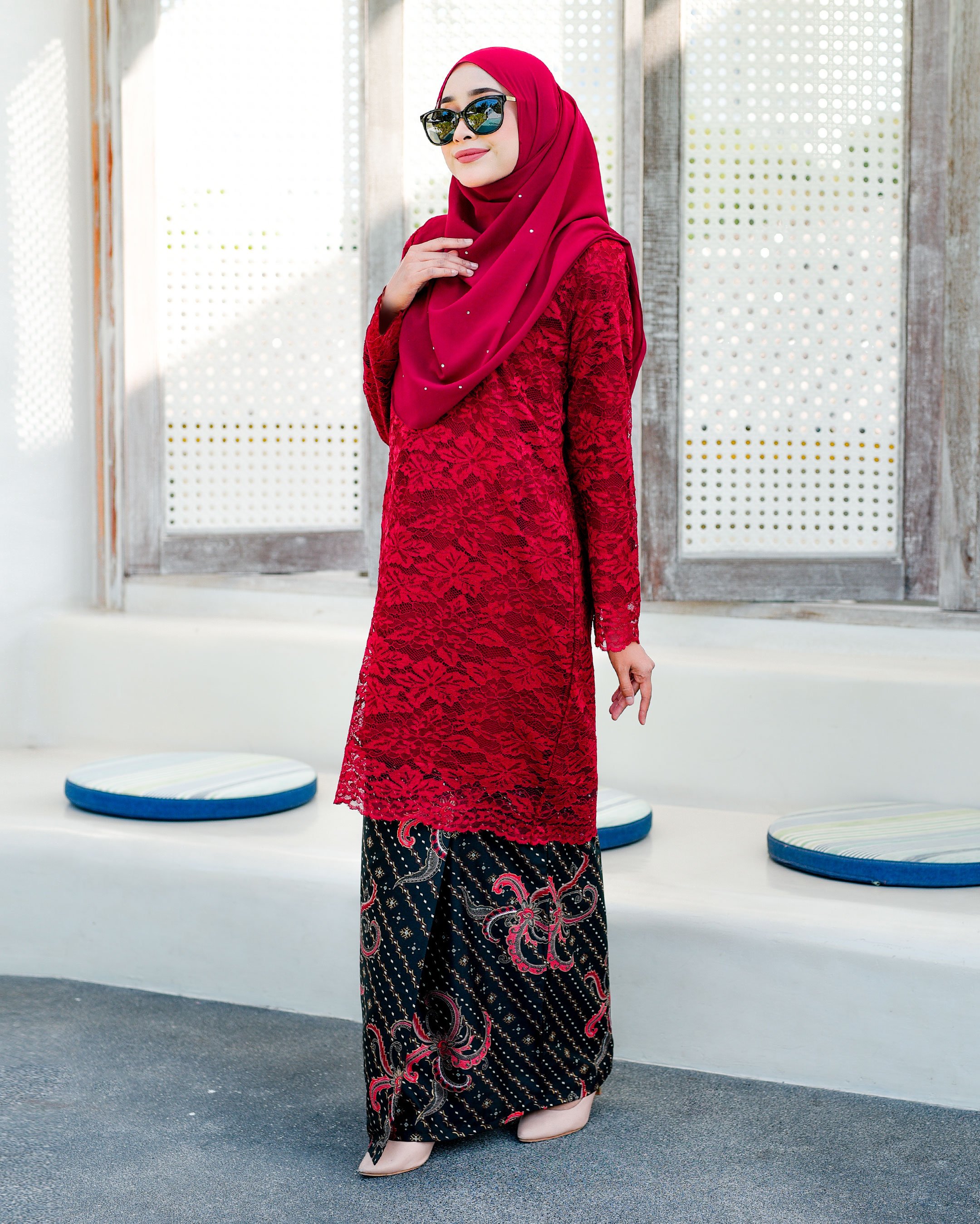 Baju Kurung Batik Lace Aila Merlin Red Muslimahclothing Com