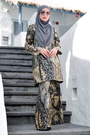 Baju Kurung Kedah Batik Dobby Aimi - Golden Blue