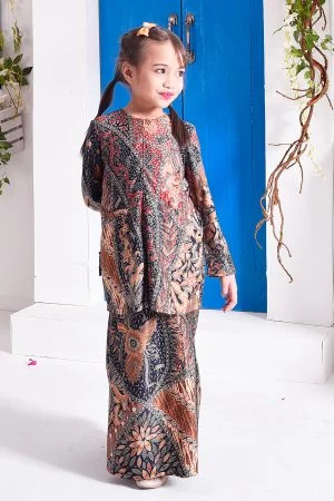 Baju Kurung Kedah Batik Dobby Aimi Kids - Dark Tangerine