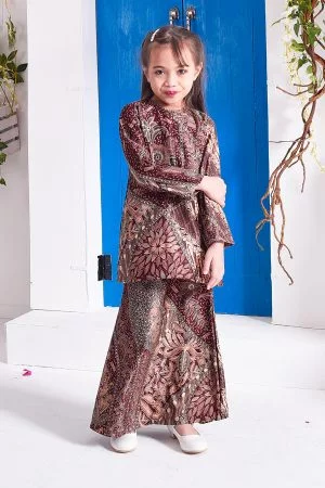 Baju Kurung Kedah Batik Dobby Aimi Kids - Spice Brown