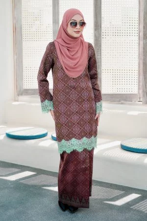 Baju Kurung Songket Lace Azleen - Rust Maroon