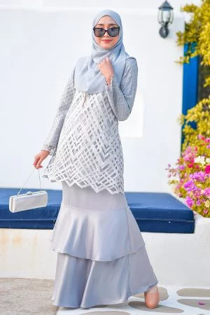 Baju Kurung Lace Azila - Silver Cloud