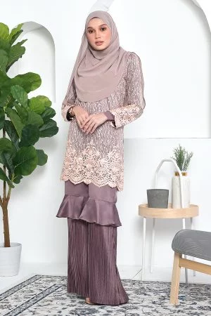 Baju Kurung Lace Pleated Ruffle Adra - Espresso Brown