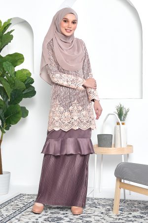 Baju Kurung Lace Pleated Ruffle Adra - Espresso Brown