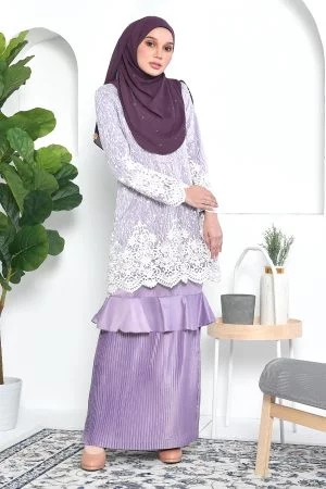 Baju Kurung Lace Pleated Ruffle Adra - Mauve Purple