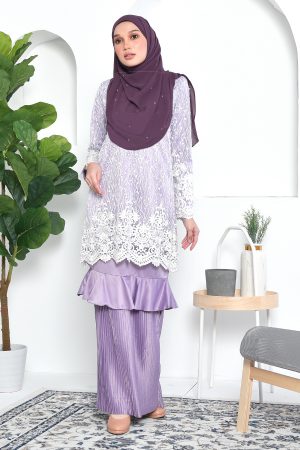 Baju Kurung Lace Pleated Ruffle Adra - Mauve Purple