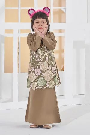 Baju Kurung Lace Amani Kids - Olive Green