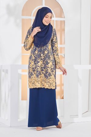 Baju Kurung Lace Amara - Golden Navy