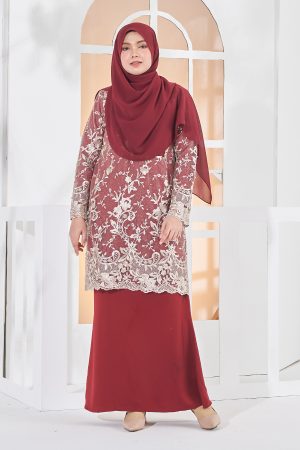 Baju Kurung Lace Amara - Earthy Maroon