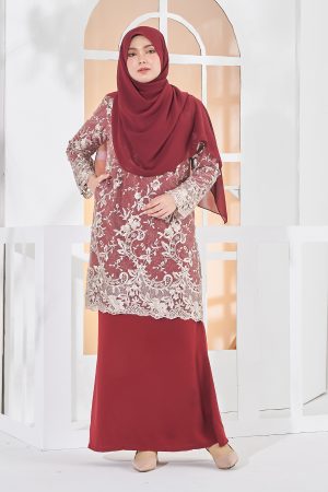 Baju Kurung Lace Amara - Earthy Maroon