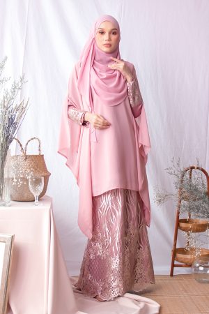 Baju Kurung Kaftan Lace Adriani - Pink Smoothies