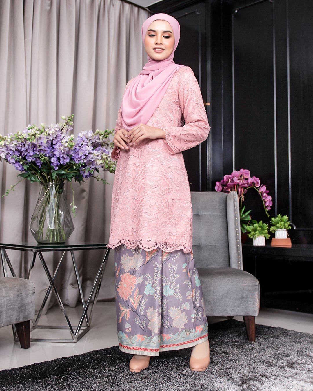 Baju Kurung Batik Lace Adfieyya Guava Pink Muslimahclothing