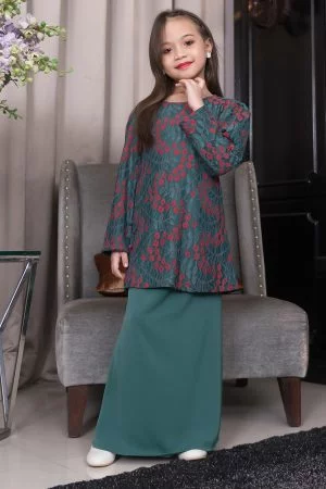 Baju Kurung Moden Lace Adura Kids - Emerald Green