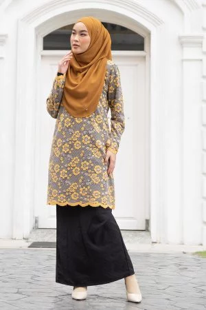 Baju Kurung Lace Ainani - Mustard Black